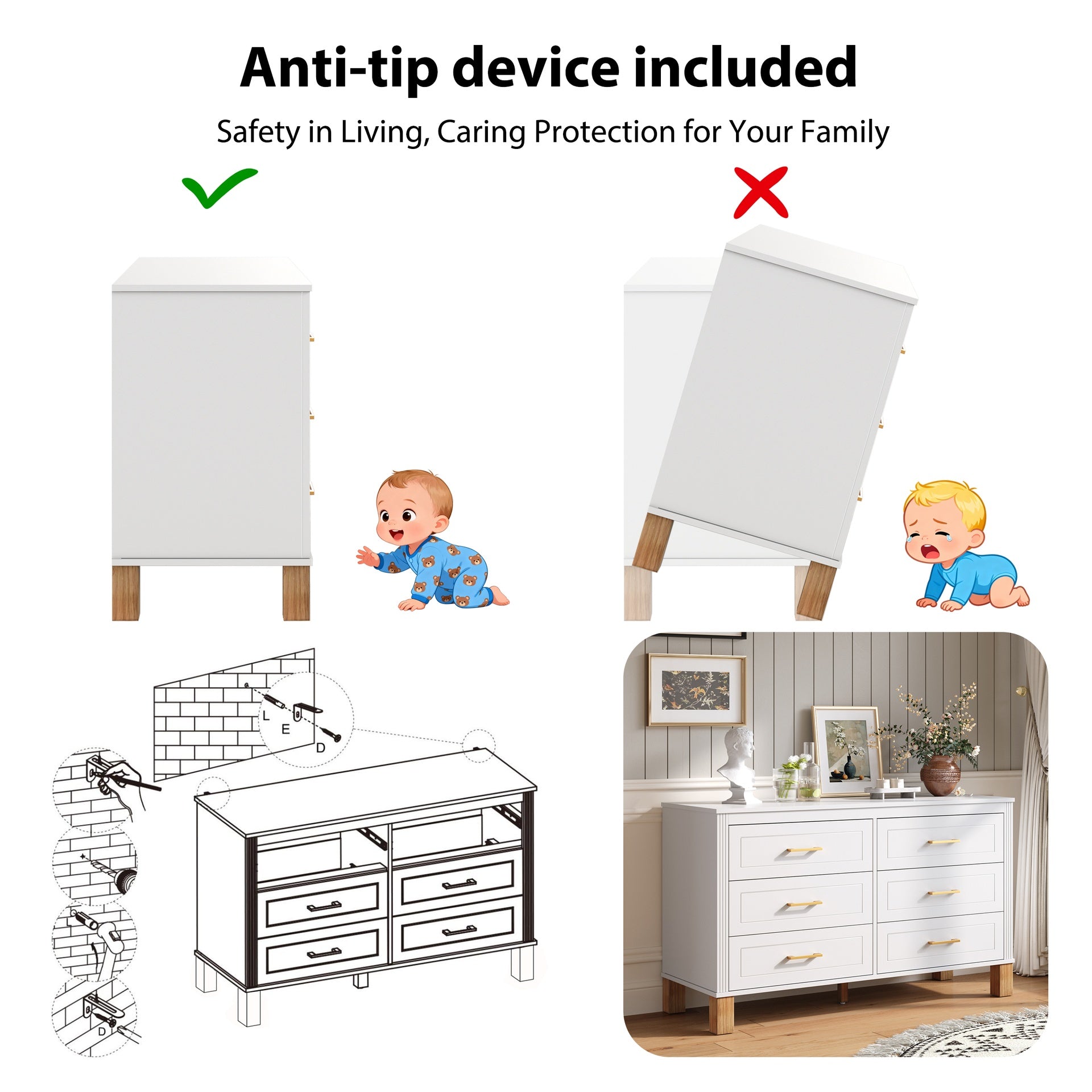 6-Drawer Double Dresser in White, Modern Storage Cabinet with Metal Handles & Solid Wood Legs, Dresser Drawer Organizer for Kids Bedroom, Heavy-Duty Wooden Dresser with Pre-Installed