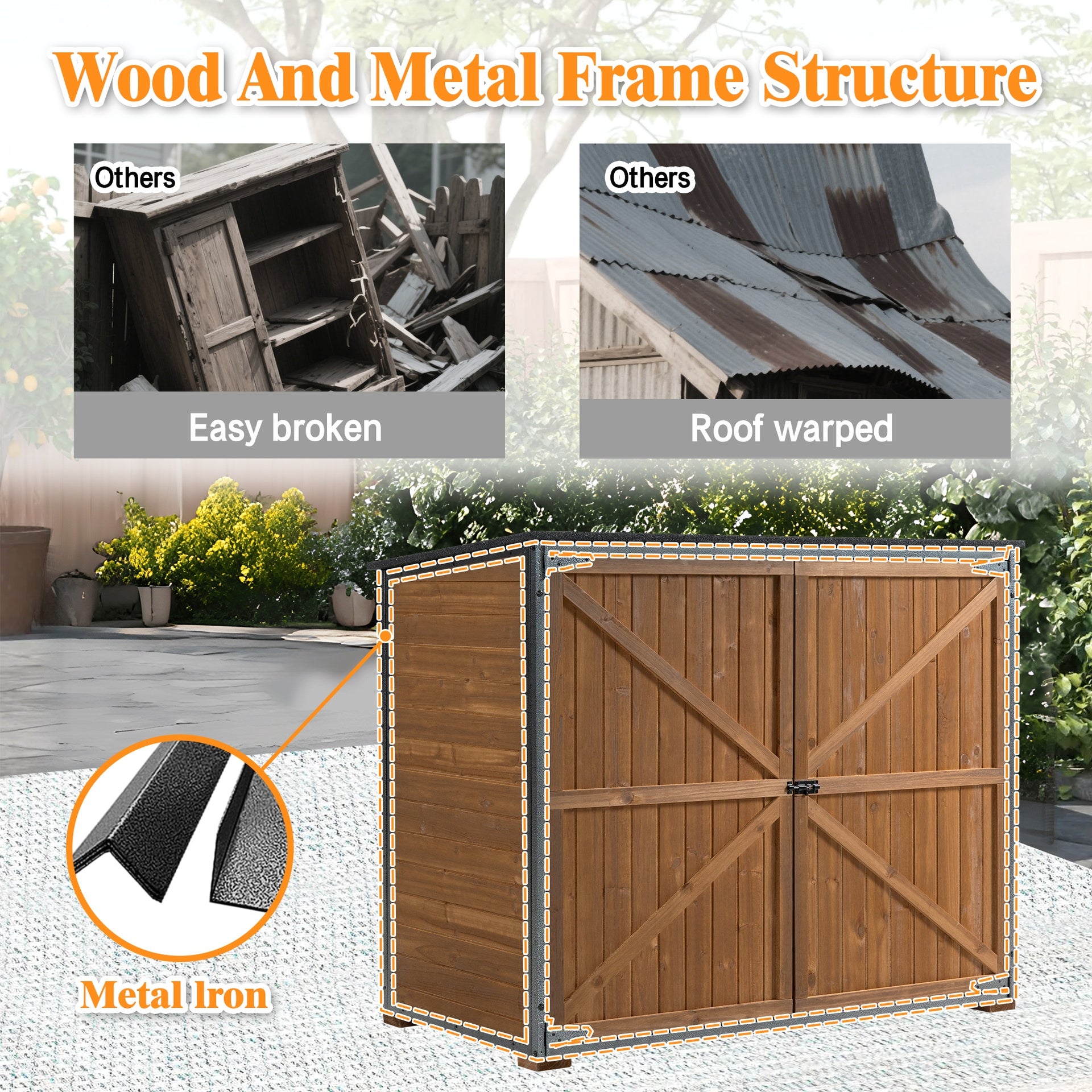 Outdoor Storage Cabinet 50.4"L X 26.8"W X 41"H, Garden Shed Tool Shed with Metal Frame Structure for Backyard Garden Patio Lawn (Brown)