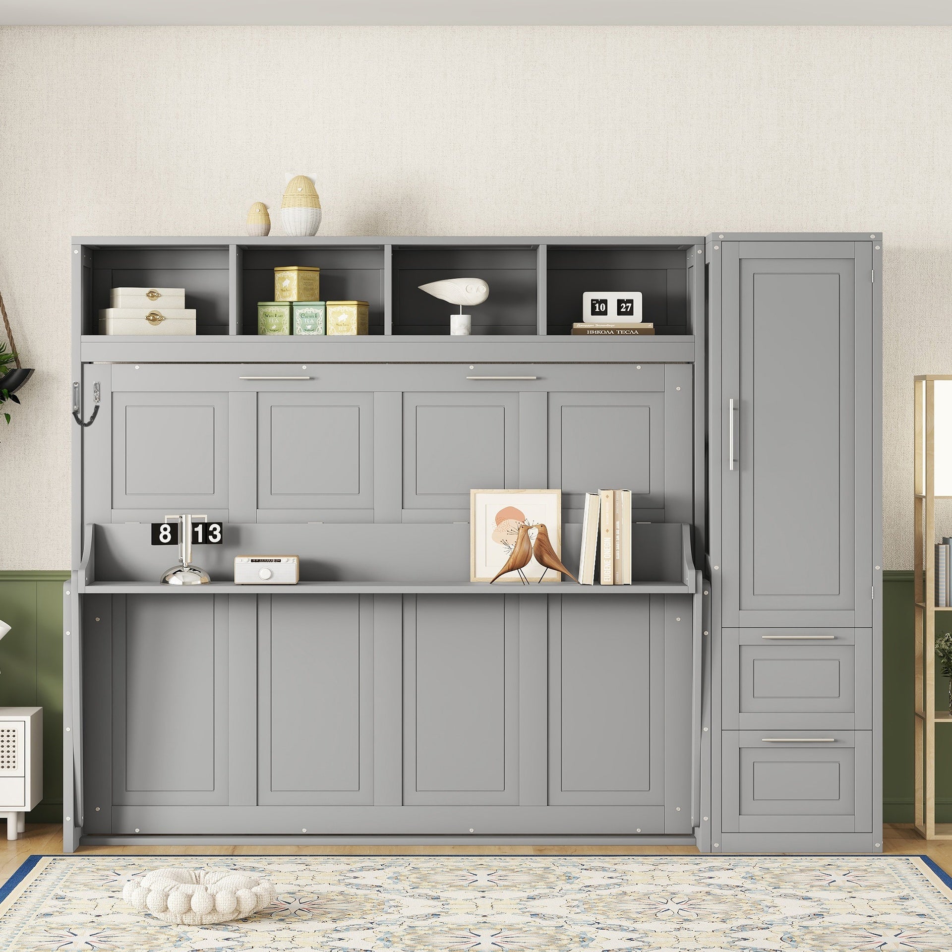 Queen Size Murphy Bed Wall Bed with Closet and Drawers,Gray