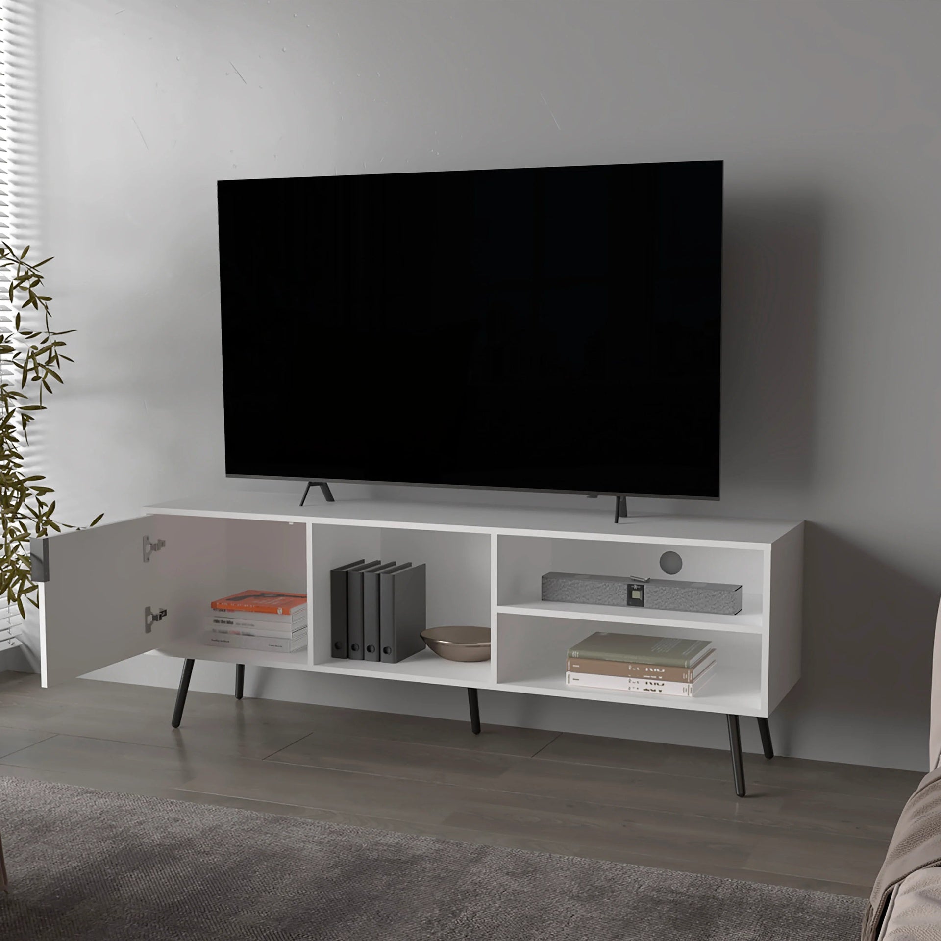 White TV Stand Multistorage with a Door and Open Storage