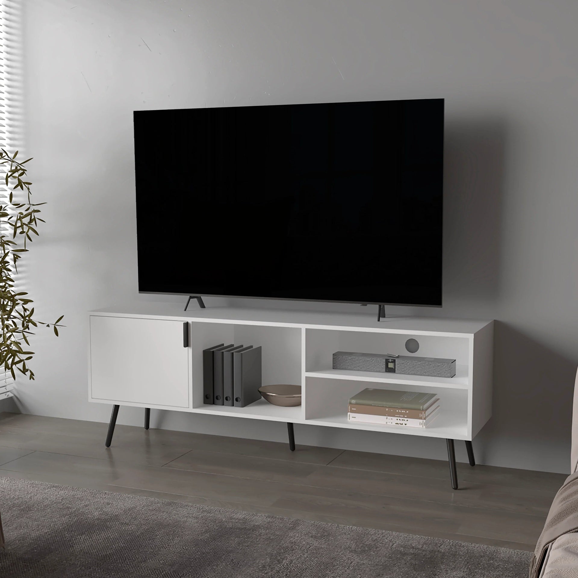 White TV Stand Multistorage with a Door and Open Storage