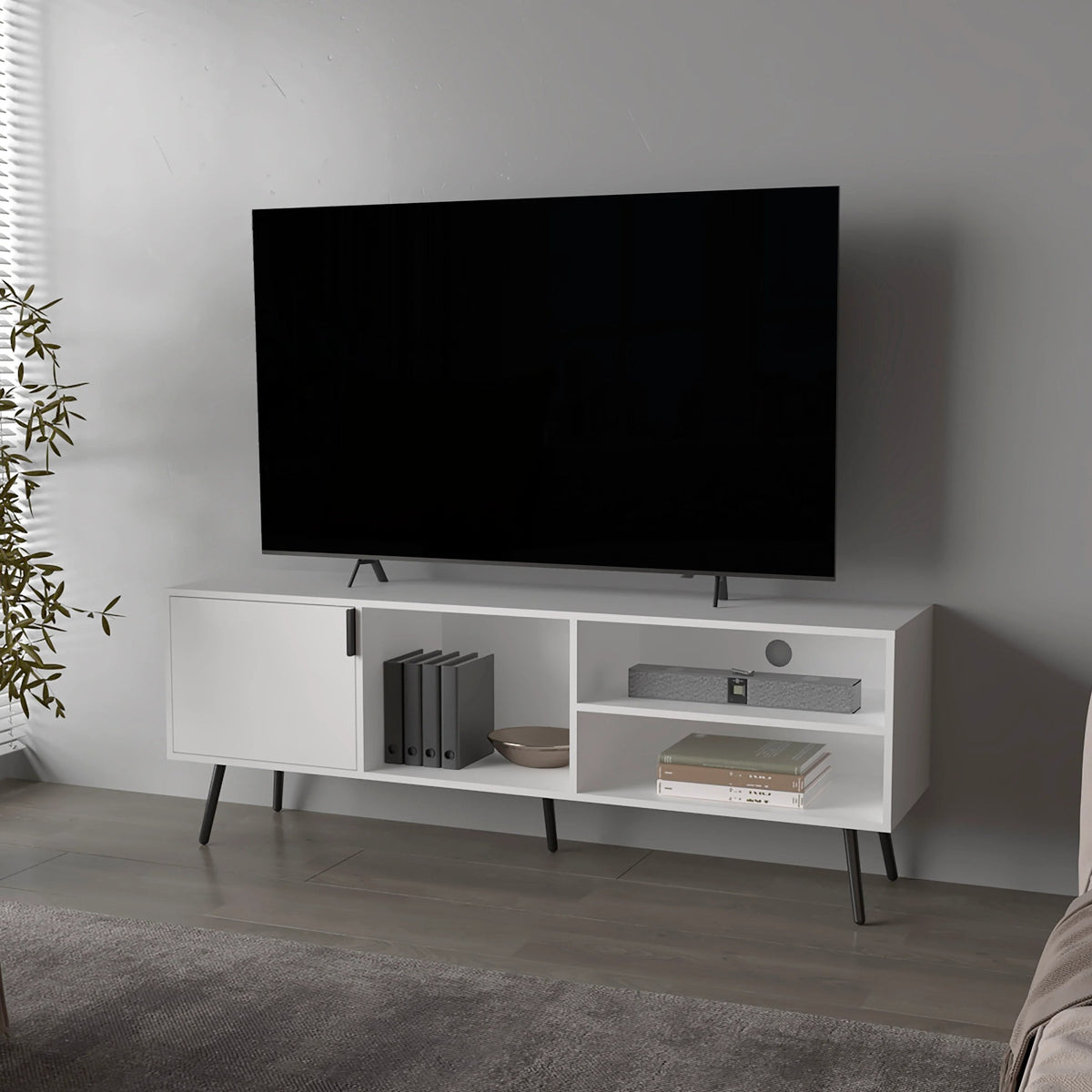 White TV Stand Multistorage with a Door and Open Storage