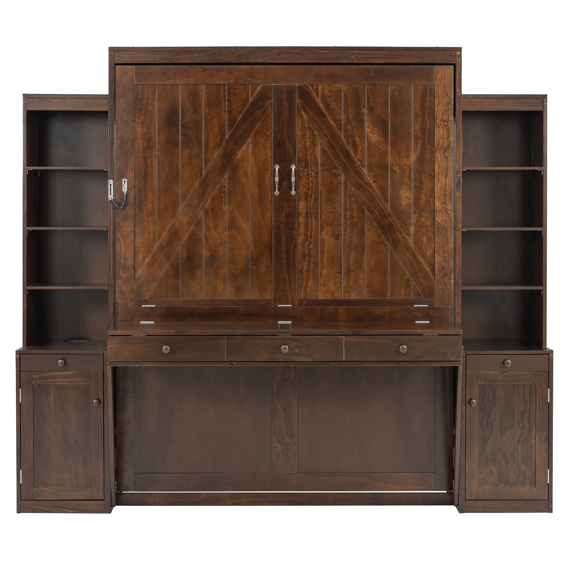 Queen Size Murphy Bed with Desk & Storage, Space-Saving Wood Wall Bed with Cabinets & Drawers, Dark Brown