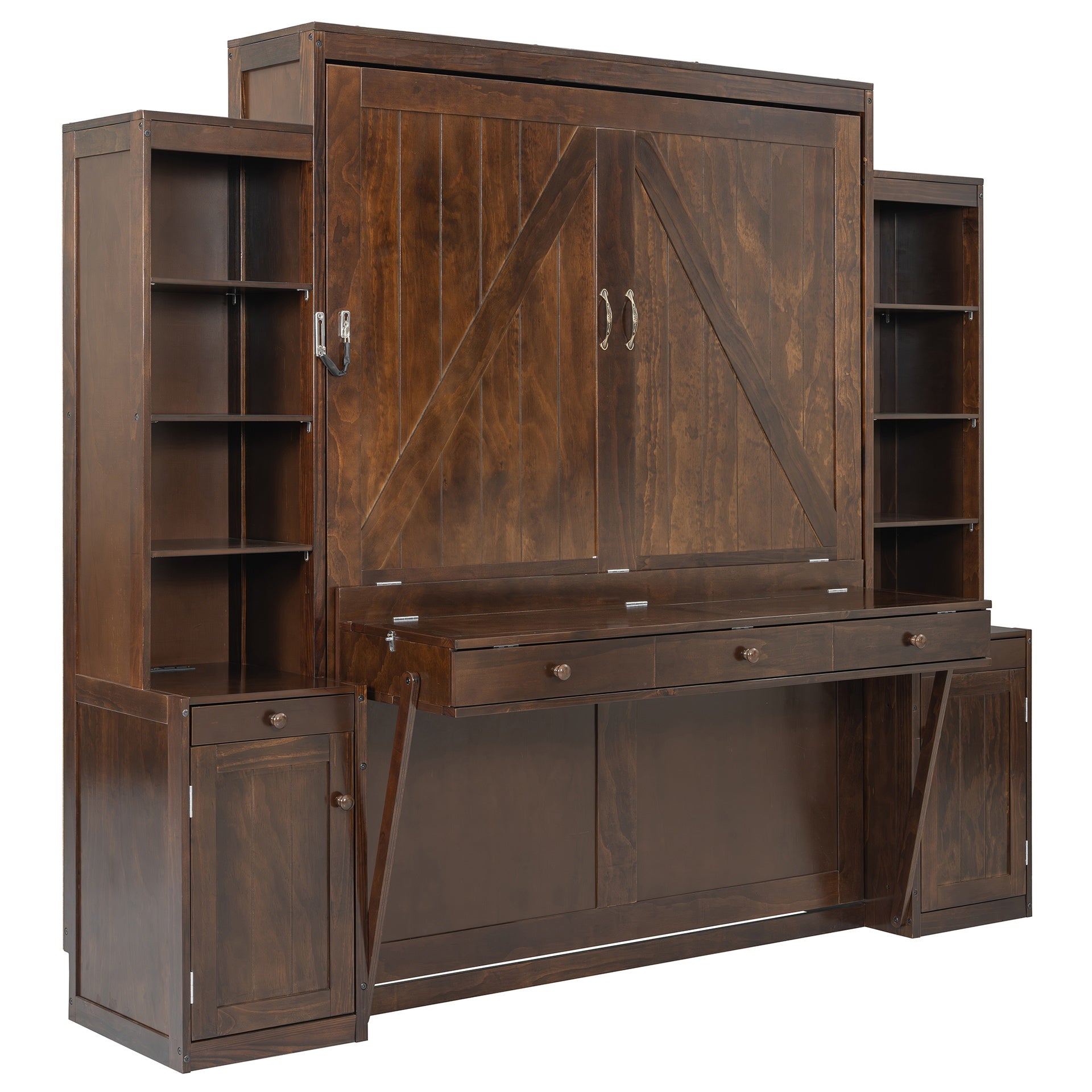 Queen Size Murphy Bed with Desk & Storage, Space-Saving Wood Wall Bed with Cabinets & Drawers, Dark Brown