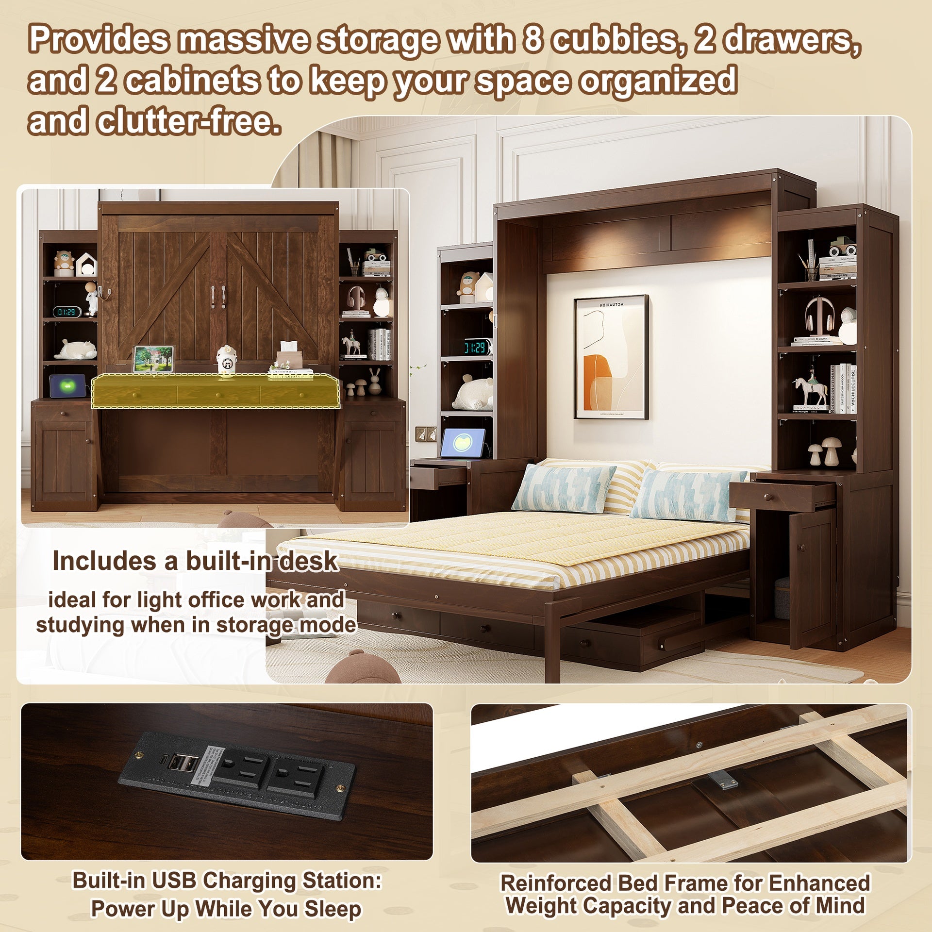 Queen Size Murphy Bed with Desk & Storage, Space-Saving Wood Wall Bed with Cabinets & Drawers, Dark Brown