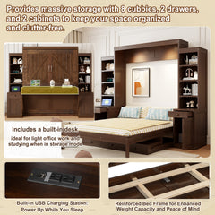 Queen Size Murphy Bed with Desk & Storage, Space-Saving Wood Wall Bed with Cabinets & Drawers, Dark Brown