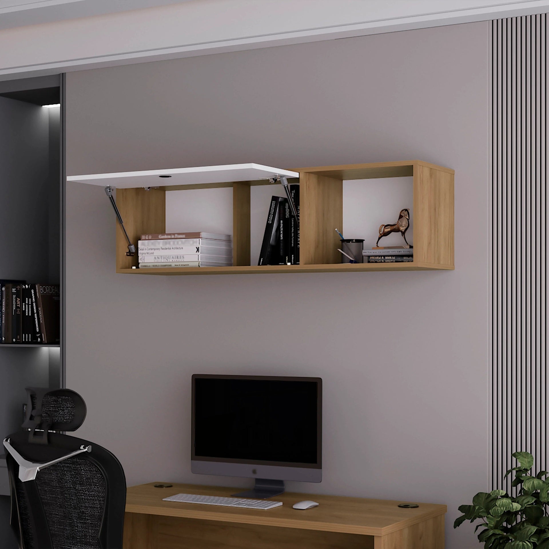 Natural Oak and White Wall-Mounted Cabinet with Lift-Up Door