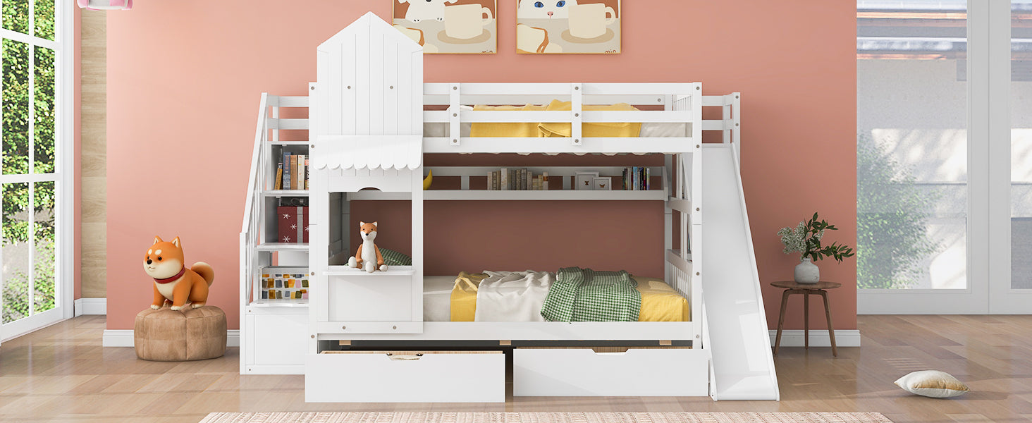 Full-Over-Full Castle Style Bunk Bed with 2 Drawers 3 Shelves and Slide - White