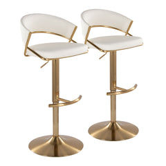Jie Contemporary Adjustable Barstool with Swivel in Gold Metal and White Faux Leather with Rounded T Footrest by LumiSource - Set of 2
