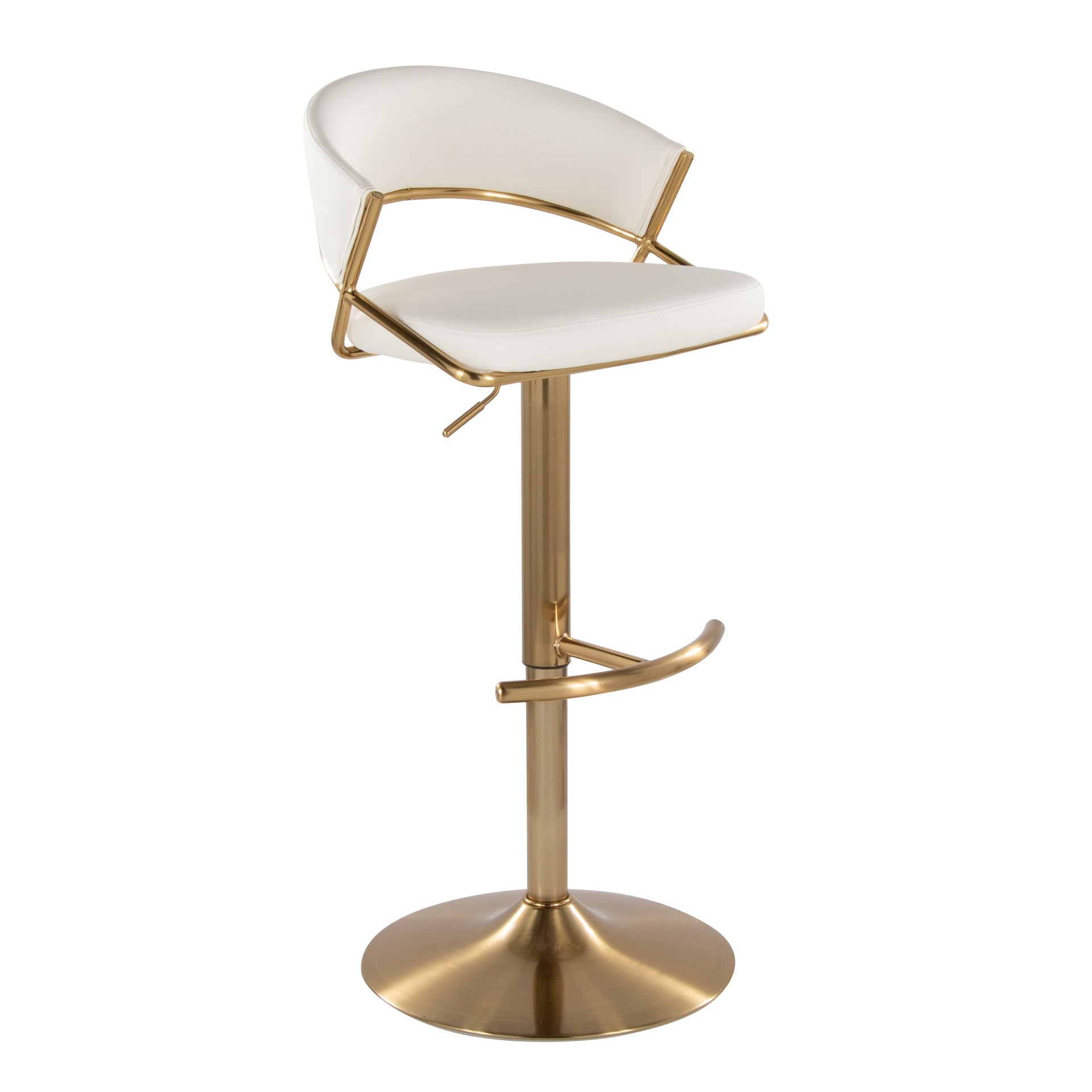 Jie Contemporary Adjustable Barstool with Swivel in Gold Metal and White Faux Leather with Rounded T Footrest by LumiSource - Set of 2