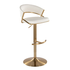 Jie Contemporary Adjustable Barstool with Swivel in Gold Metal and White Faux Leather with Rounded T Footrest by LumiSource - Set of 2