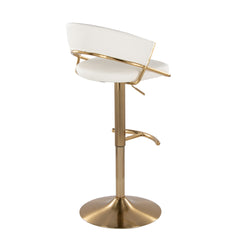 Jie Contemporary Adjustable Barstool with Swivel in Gold Metal and White Faux Leather with Rounded T Footrest by LumiSource - Set of 2