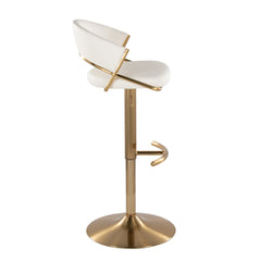 Jie Contemporary Adjustable Barstool with Swivel in Gold Metal and White Faux Leather with Rounded T Footrest by LumiSource - Set of 2
