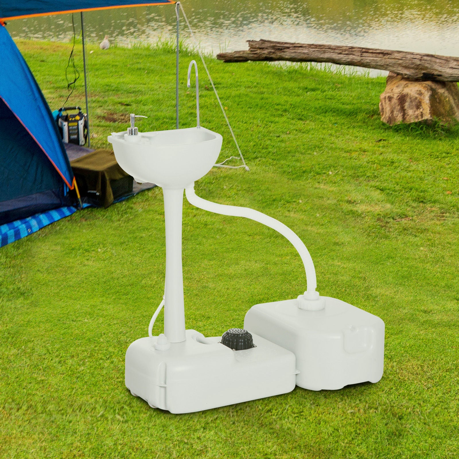 kleankin Portable Camping Sink, Handwashing Station Basin with 4.5 Gallon Tank, 6.3 Gallon Recovery Tank, Rolling Wheels & Soap Dispenser for RV, Outdoor Events, Gatherings, HDPE, White