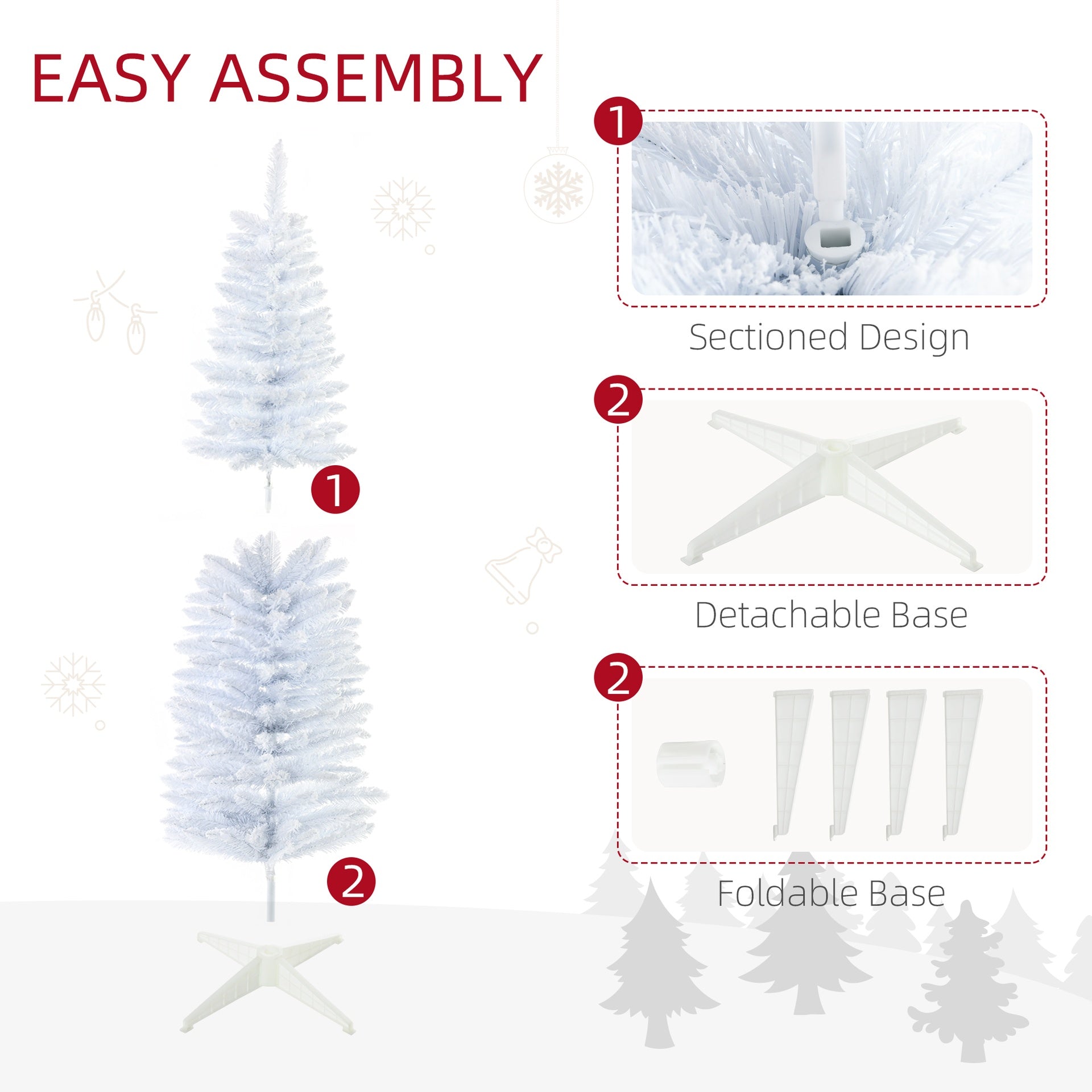 HOMCOM 5' Snow Flocked Artificial Pencil Christmas Tree, Slim Xmas Tree with Realistic Branches and Plastic Base Stand for Indoor Decoration, White