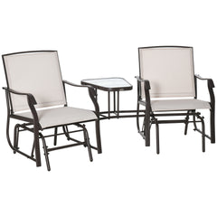 Outsunny Outdoor Glider Chairs with Coffee Table, Patio 2-Seat Rocking Chair Swing Loveseat with Breathable Sling for Backyard, Garden, and Porch, Beige