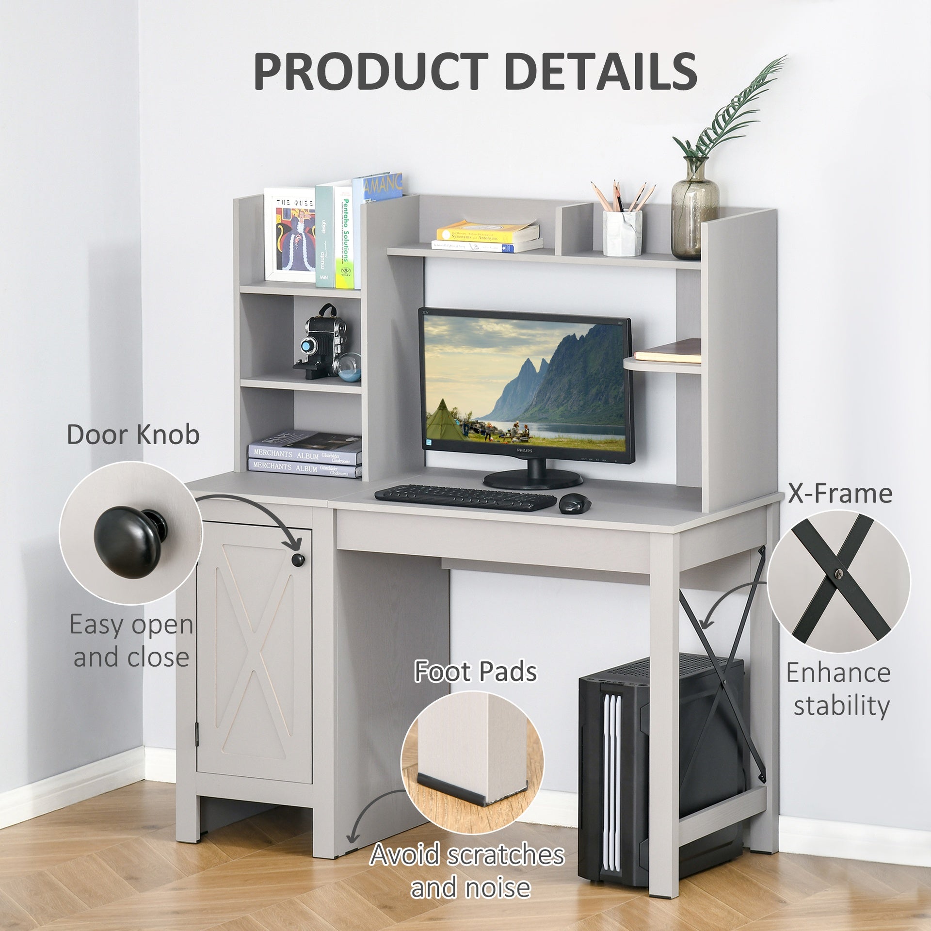 HOMCOM Farmhouse Computer Desk with Hutch and Cabinet, Home office Desk with Storage, for Study, Light Grey