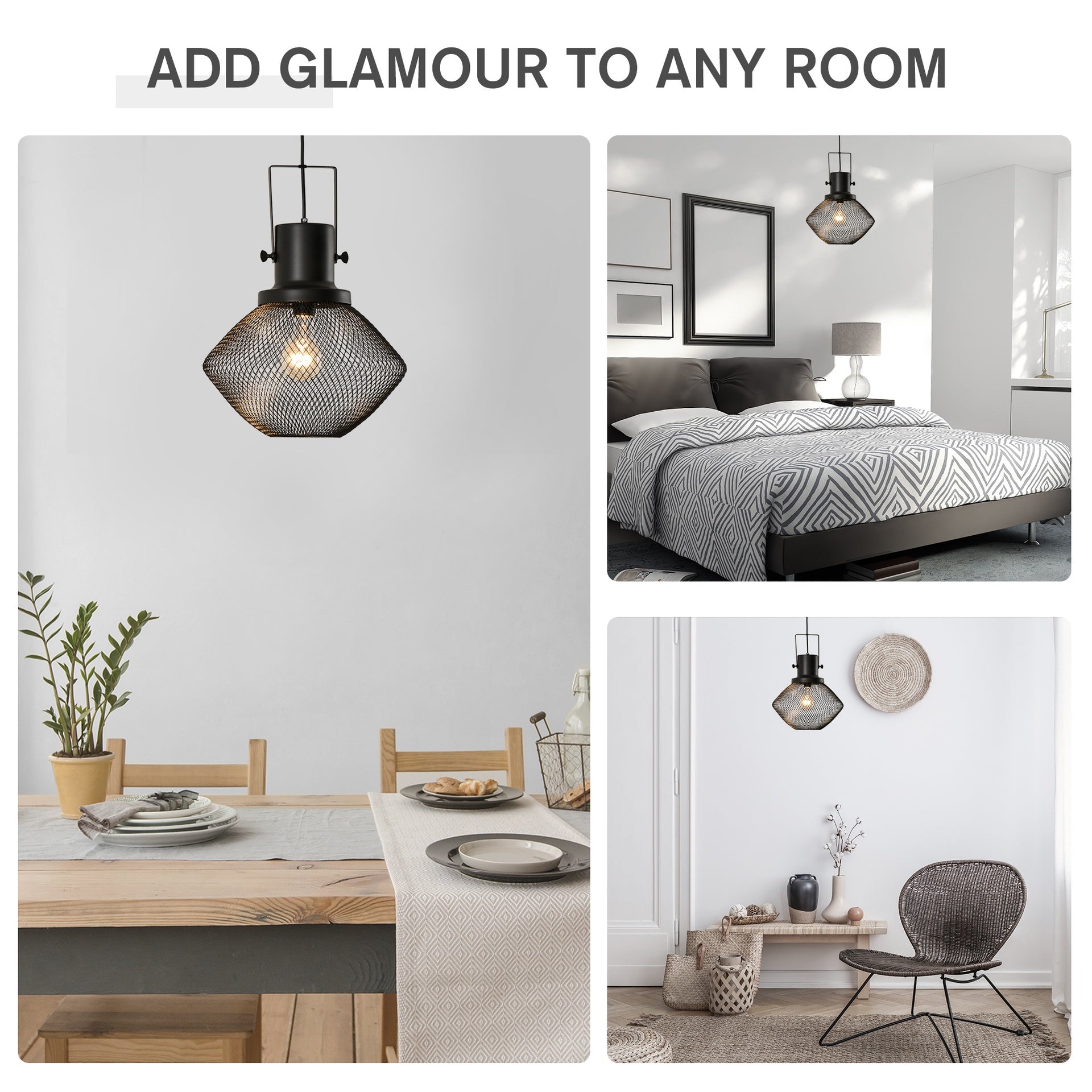 HOMCOM Industrial Pendant Light Fixtures, Black Metal Frame Hanging Ceiling Light for Living Room, Bedroom, Kitchen, Dining Room with Adjustable Hanging Chain, Black