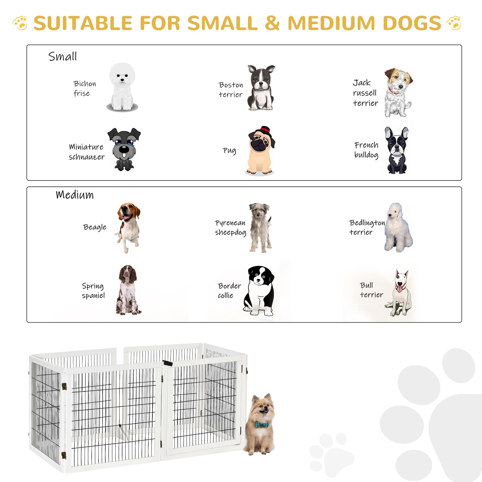 PawHut Wooden Dog Gate, 170" Freestanding Pet Gate, 6-Panel Foldable Dog Safety Barrier with 2 Support Feet for House Doorway Stairs, Small and Medium Dogs, White
