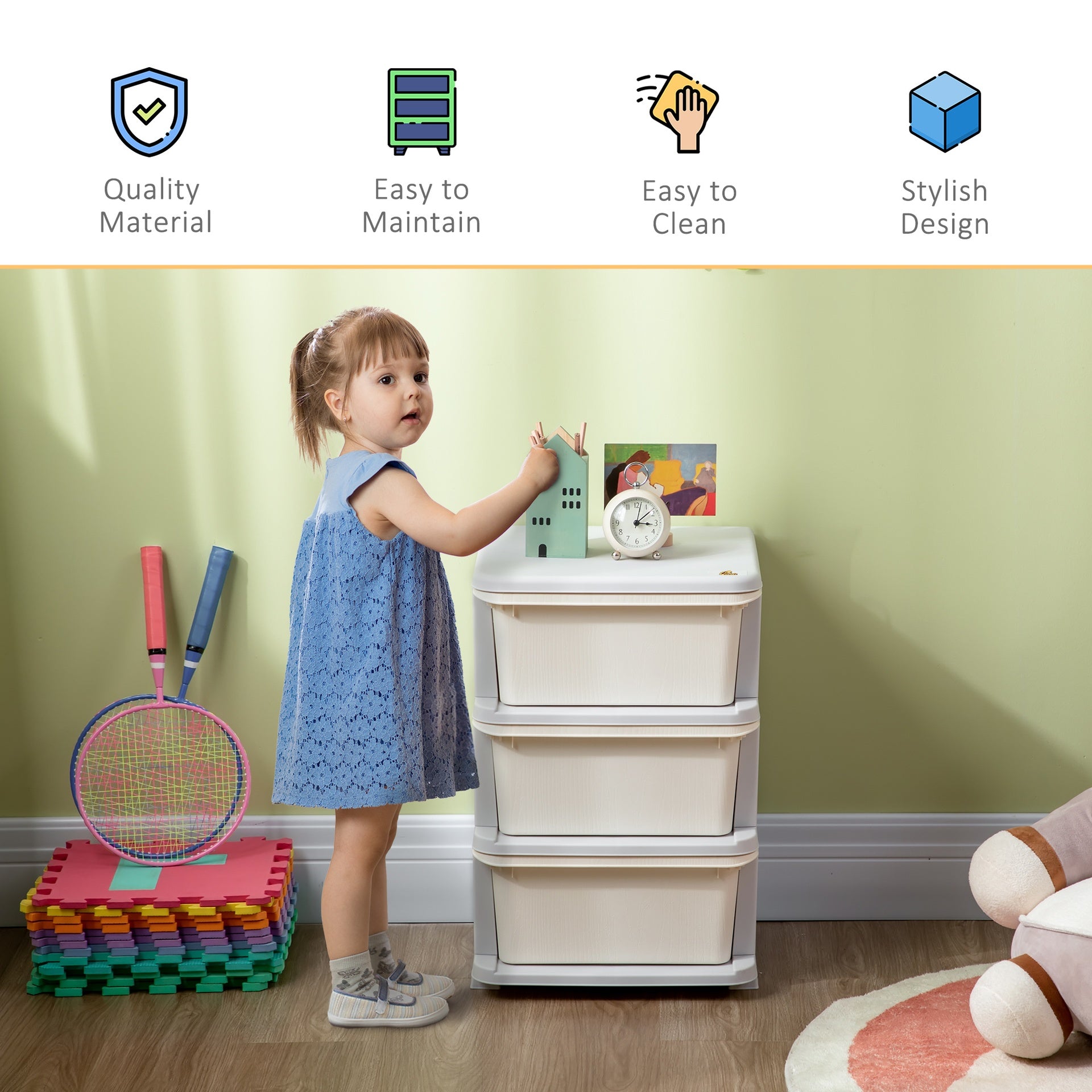 Qaba 3 Tier Kids Storage Unit, 3 Drawer Chest Toy Organizer Plastic Bins for Kids Bedroom Nursery Kindergarten Living Room for Boys Girls Toddlers, Cream White