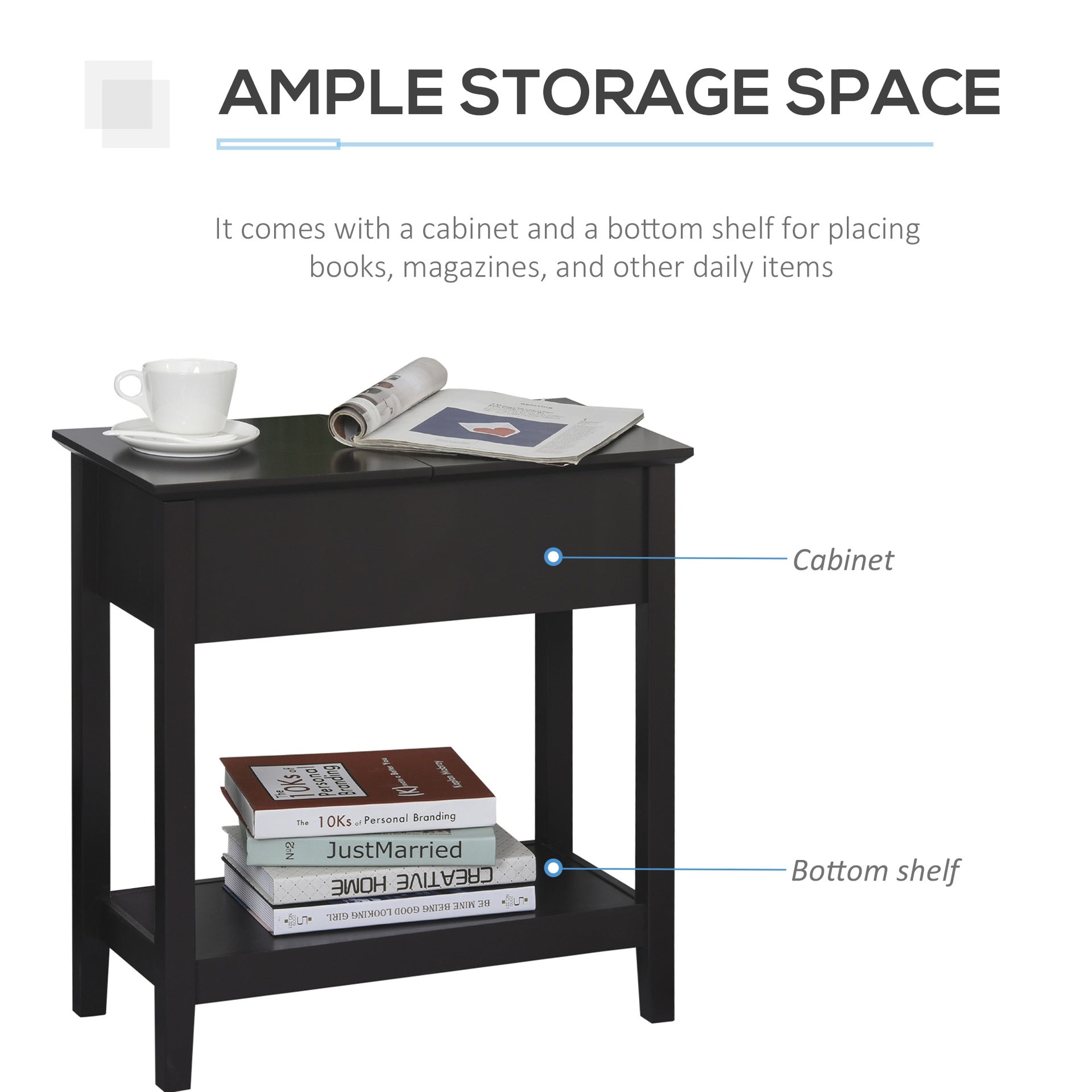 HOMCOM End Table, Narrow Side Table with Flip Top, Storage Cabinet, Bottom Shelf for Living Room, Dark Coffee