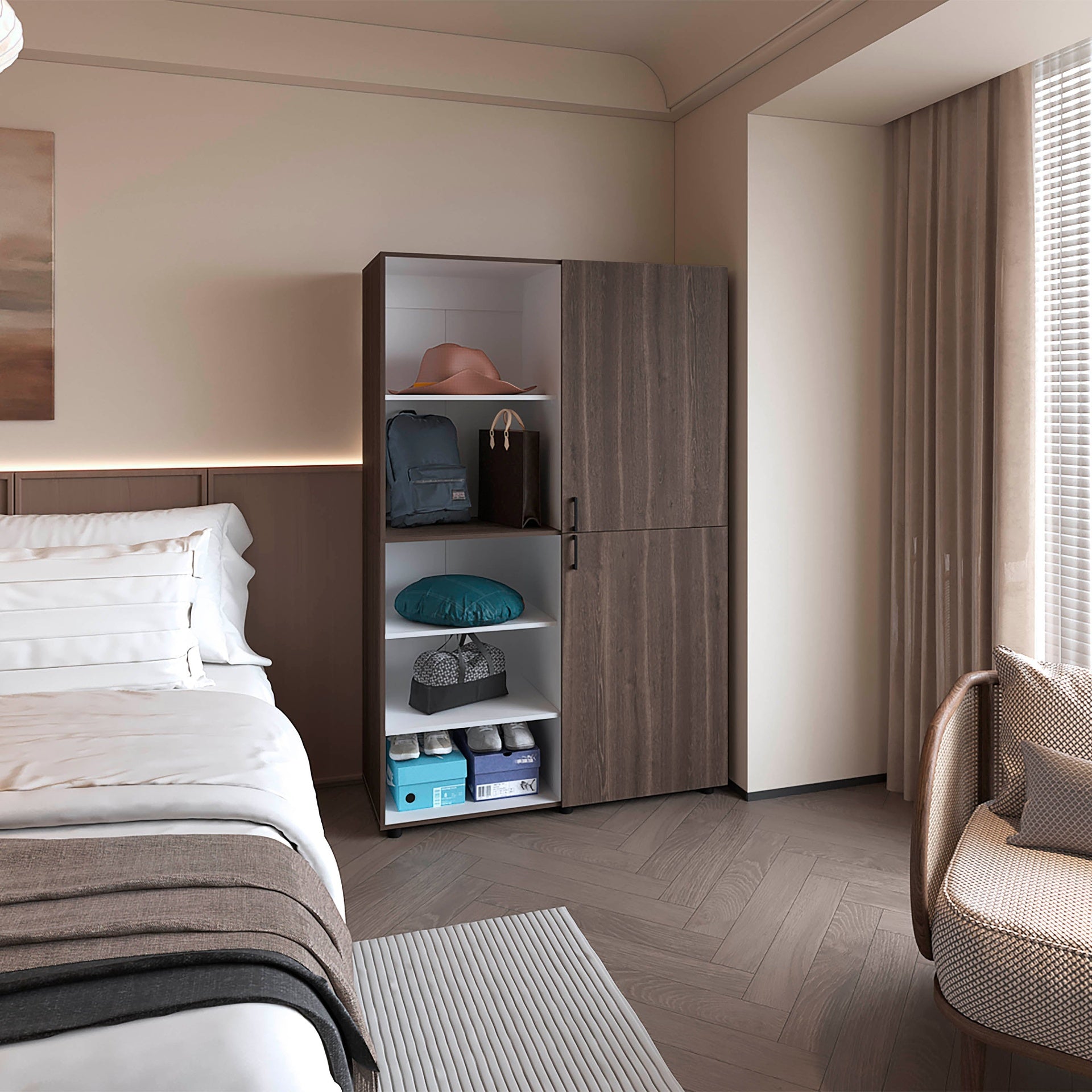 Grey Walnut and White 2-Door Wardrobe with Open Storage