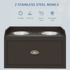 PawHut Dog Feeding Station with Storage Drawer, Dog Food Storage Cabinet with 2 Removable Elevated Dog Bowls for Large Sized Dogs, Coffee