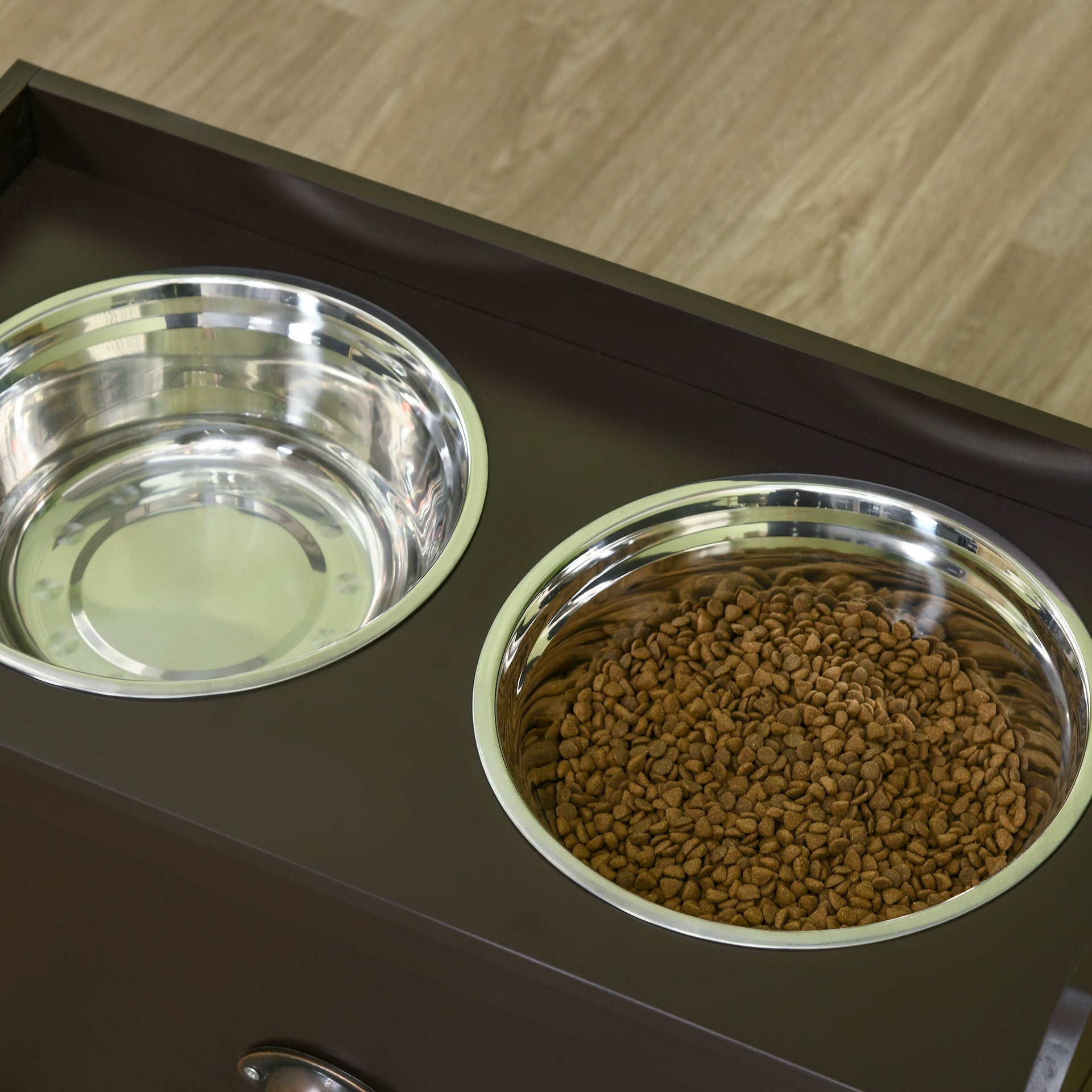 PawHut Dog Feeding Station with Storage Drawer, Dog Food Storage Cabinet with 2 Removable Elevated Dog Bowls for Large Sized Dogs, Coffee