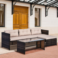 Outsunny 3 Piece Patio Furniture Set, Rattan Outdoor Sofa Set with Chaise Lounge & Loveseat, Soft Cushions, Tempered Glass Table, L-Shaped Sectional Couch, Beige
