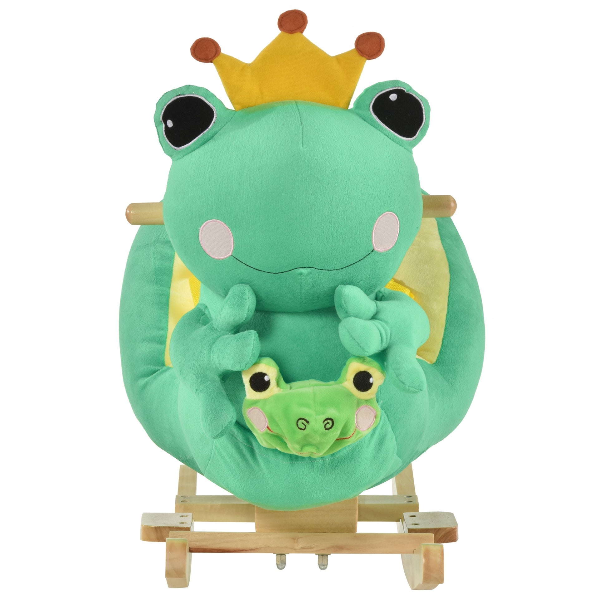 Qaba Kids Ride-On Rocking Horse Toy Frog Style Rocker with Fun Music, Seat Belt & Soft Plush Fabric Hand Puppet for Children 18-36 Months