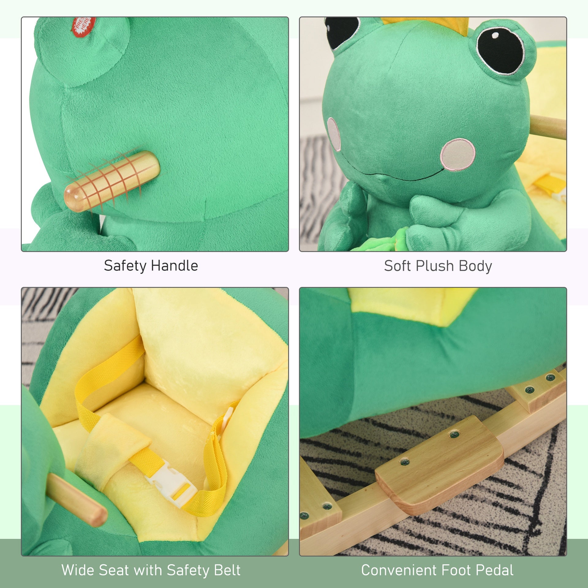 Qaba Kids Ride-On Rocking Horse Toy Frog Style Rocker with Fun Music, Seat Belt & Soft Plush Fabric Hand Puppet for Children 18-36 Months
