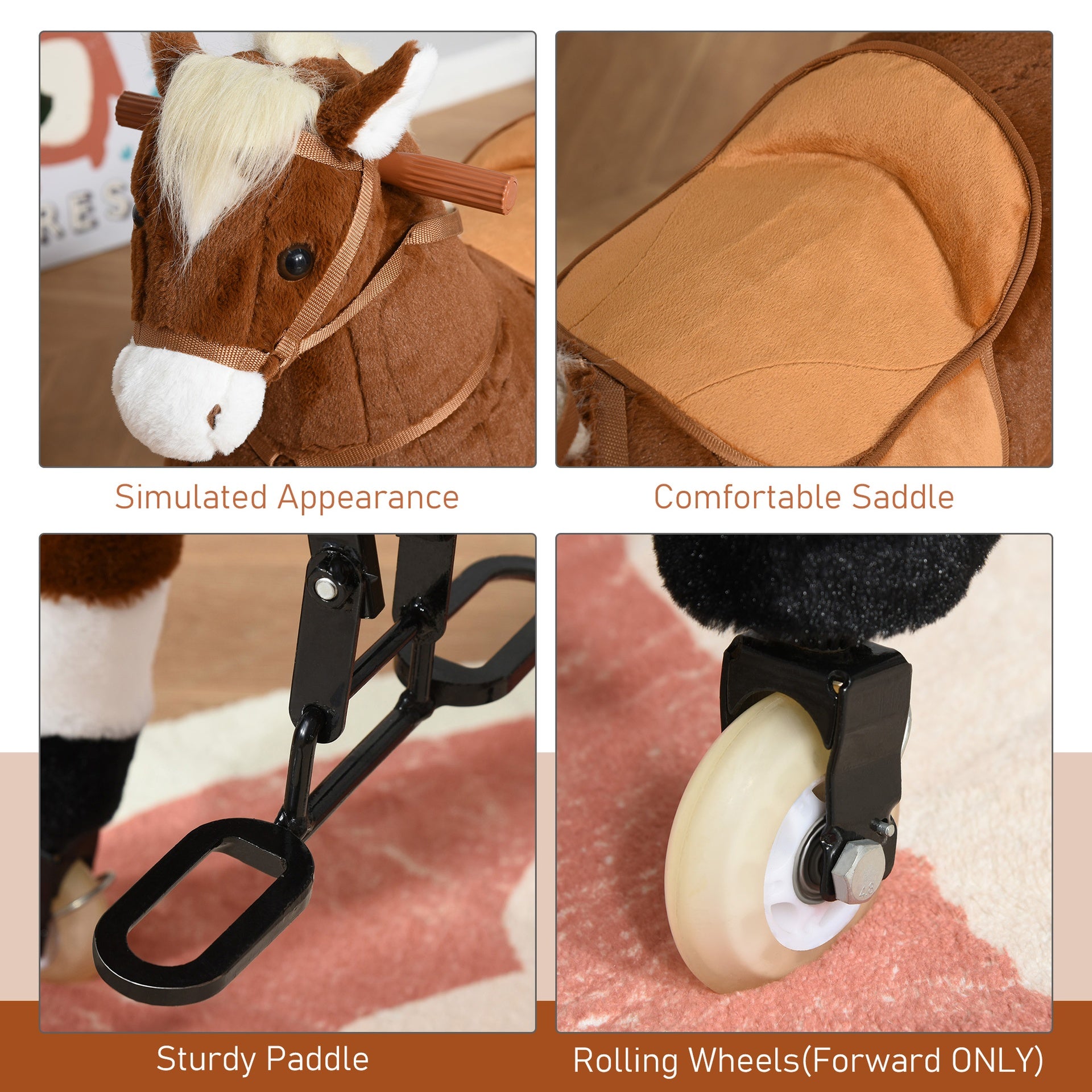 Qaba Kids Ride-on Walking Horse with Easy Rolling Wheels, Soft Huggable Body, & a Large Size for Kids 5-16 Years