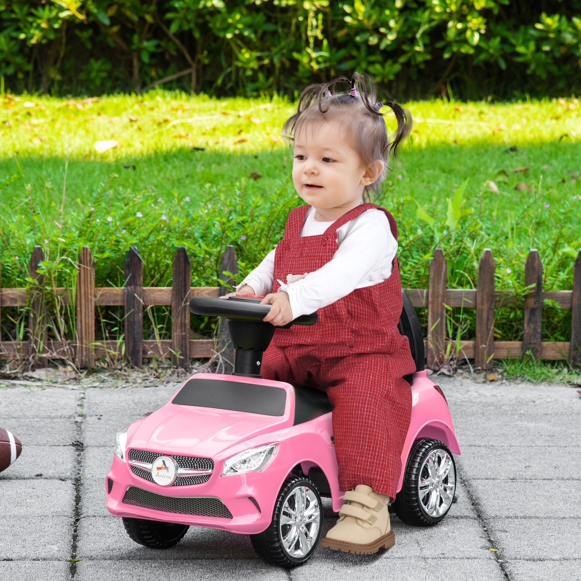 Aosom Kids Ride On Push Car, Foot-to-Floor Walking Sliding Toy Car for Toddler with Working Horn, Music, Headlights and Storage, Pink