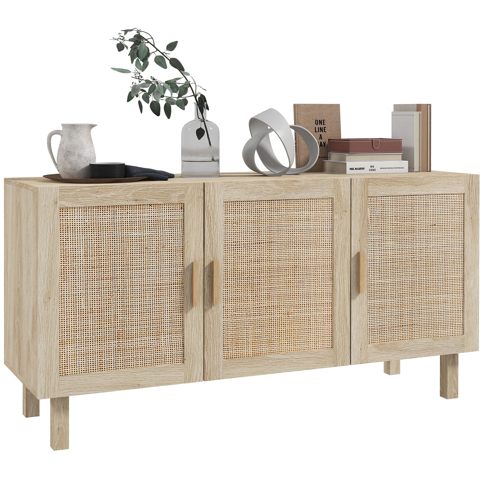 HOMCOM Sideboard Buffet Cabinet, Kitchen Cabinet, Coffee Bar Cabinet with 3 Rattan Doors and Adjustable Shelves, Natural Mixed