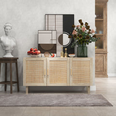 HOMCOM Sideboard Buffet Cabinet, Kitchen Cabinet, Coffee Bar Cabinet with 3 Rattan Doors and Adjustable Shelves, Natural Mixed