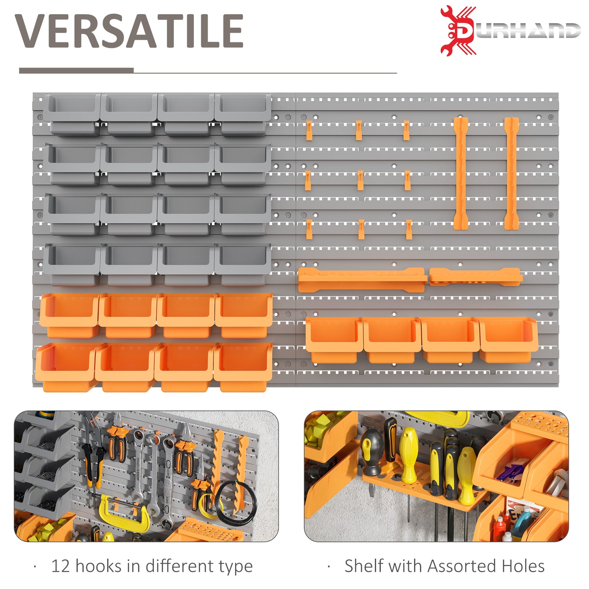 DURHAND 44 Piece Wall Mounted Pegboard Tool Organizer Rack Kit with Various Sized Storage Bins, Pegboard, & Hooks, Orange