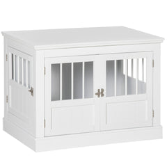 PawHut Dog Crate End Table with Triple Doors, Wooden Dog Crate Furniture Indoor Use, Puppy Crate with and Steel Tubes, for Small Dogs, White