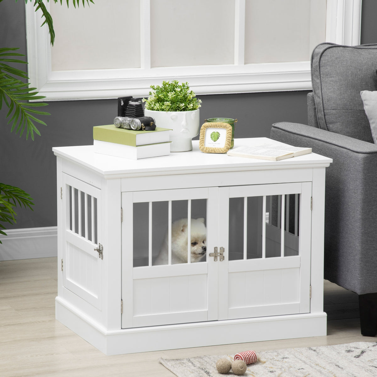 PawHut Dog Crate End Table with Triple Doors, Wooden Dog Crate Furniture Indoor Use, Puppy Crate with and Steel Tubes, for Small Dogs, White