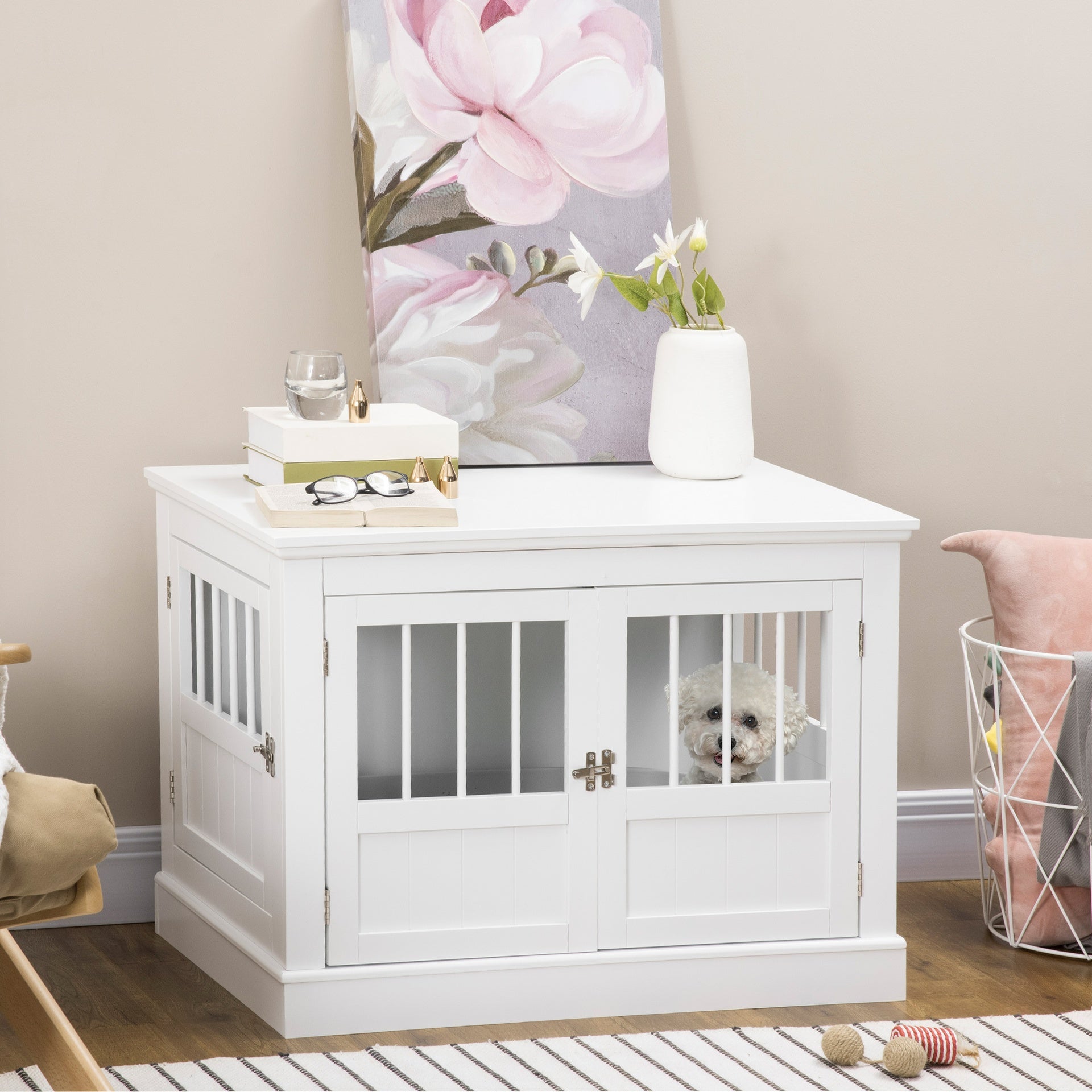 PawHut Dog Crate End Table with Triple Doors, Wooden Dog Crate Furniture Indoor Use, Puppy Crate with and Steel Tubes, for Small Dogs, White