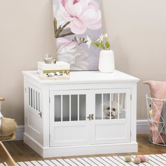 PawHut Dog Crate End Table with Triple Doors, Wooden Dog Crate Furniture Indoor Use, Puppy Crate with and Steel Tubes, for Small Dogs, White
