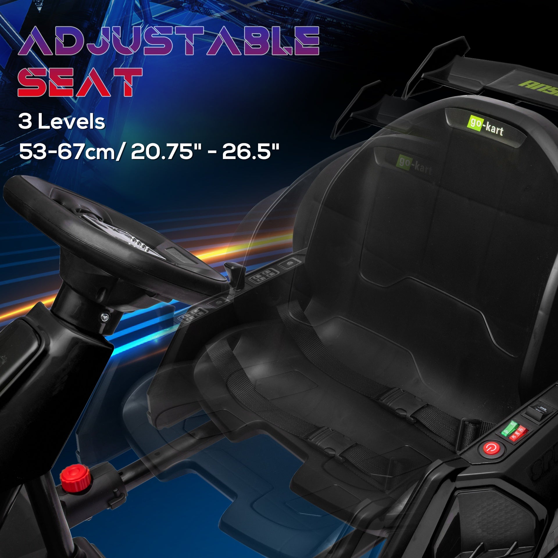 Aosom  24V 7.5 MPH Electric Go Kart with Adjustable Seat, Drifting Car Battery Powered Ride on Toy Outdoor with Slow Start, Button Start, Music, Honking Horn, Lights, for 6-12 Years Old, Black