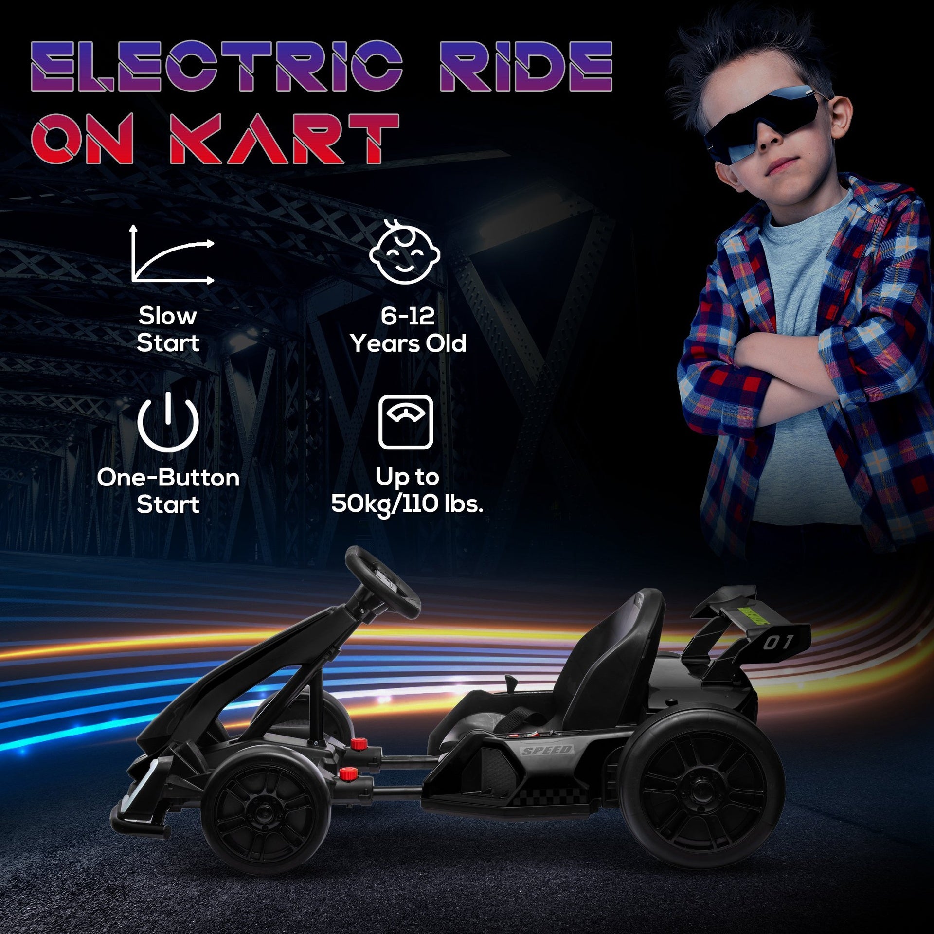 Aosom  24V 7.5 MPH Electric Go Kart with Adjustable Seat, Drifting Car Battery Powered Ride on Toy Outdoor with Slow Start, Button Start, Music, Honking Horn, Lights, for 6-12 Years Old, Black