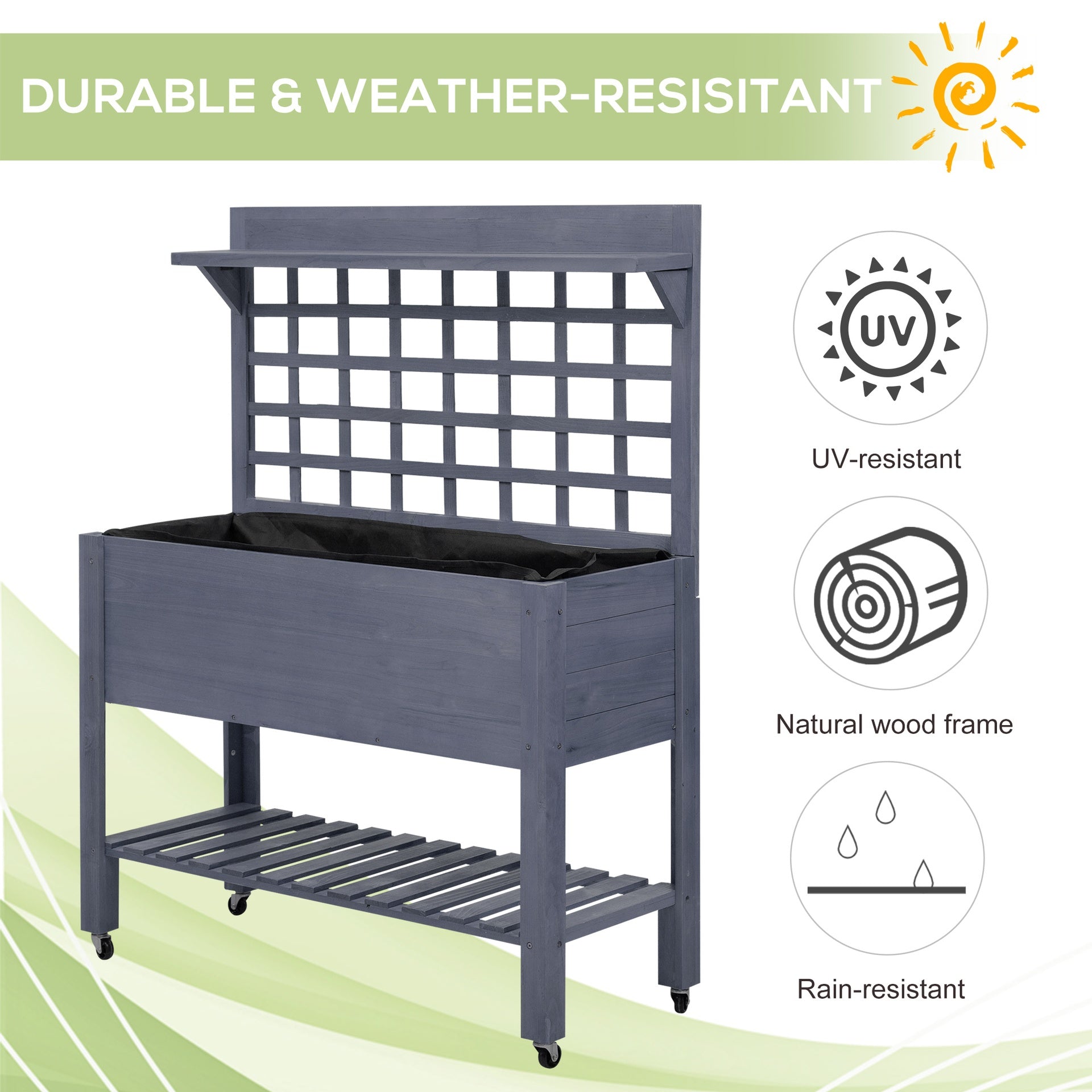 Outsunny 41" Raised Garden Bed with Trellis on Wheels, Wooden Elevated Planter Box with Legs and Bed Liner, for Flowers, Herbs & Vegetables, Gray