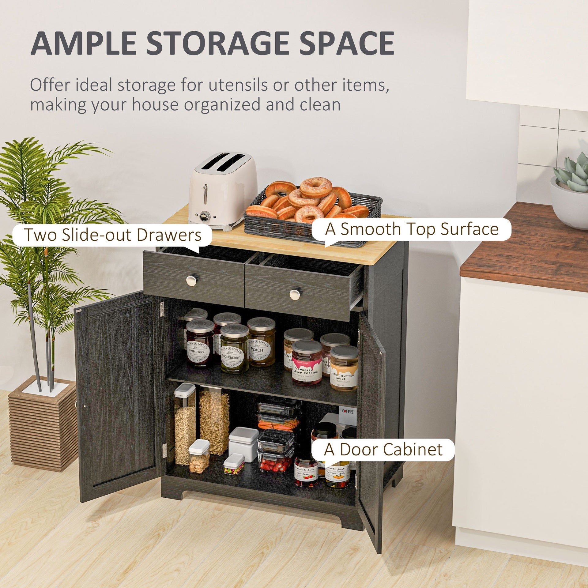 HOMCOM Sideboard with Solid Wood Countertop, Modern Kitchen Storage Cabinet, Coffee Bar Cabinet with 2 Drawers, Doors and Adjustable Shelf, Distressed Black