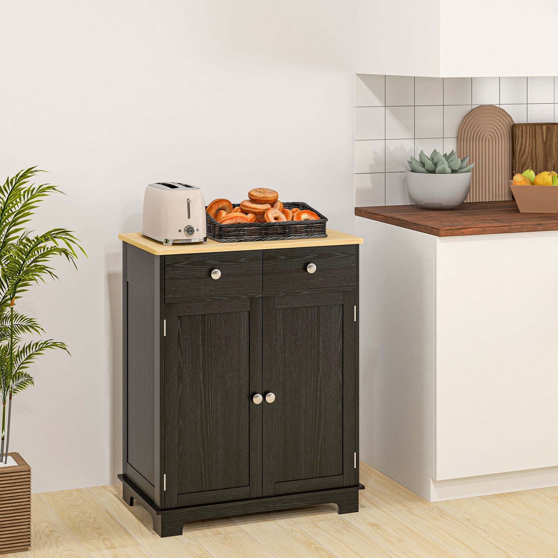 HOMCOM Sideboard with Solid Wood Countertop, Modern Kitchen Storage Cabinet, Coffee Bar Cabinet with 2 Drawers, Doors and Adjustable Shelf, Distressed Black