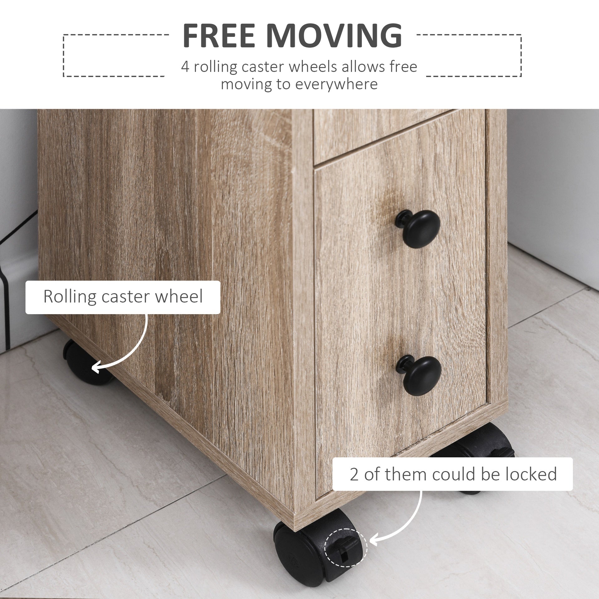 kleankin Freestanding Compact Design Bathroom Cabinet with 2 Open Cabinets, 1 Door Cabinet, 1 Drawer and 4 Rolling Wheels, Oak Grain Color
