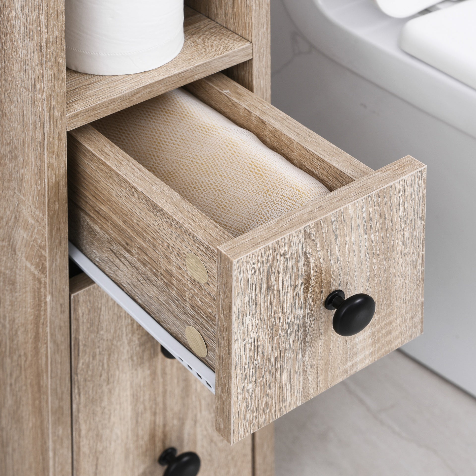 kleankin Freestanding Compact Design Bathroom Cabinet with 2 Open Cabinets, 1 Door Cabinet, 1 Drawer and 4 Rolling Wheels, Oak Grain Color