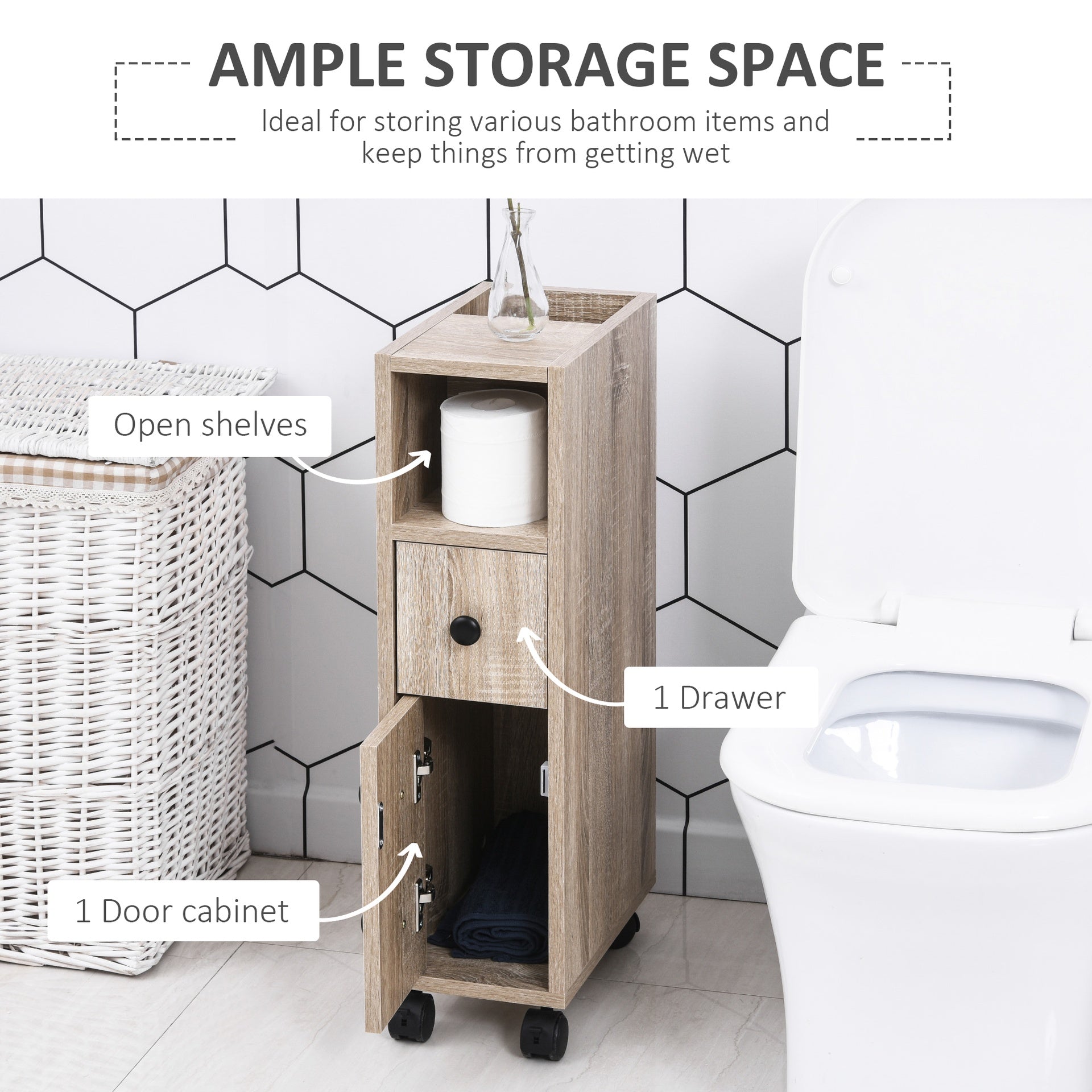 kleankin Freestanding Compact Design Bathroom Cabinet with 2 Open Cabinets, 1 Door Cabinet, 1 Drawer and 4 Rolling Wheels, Oak Grain Color