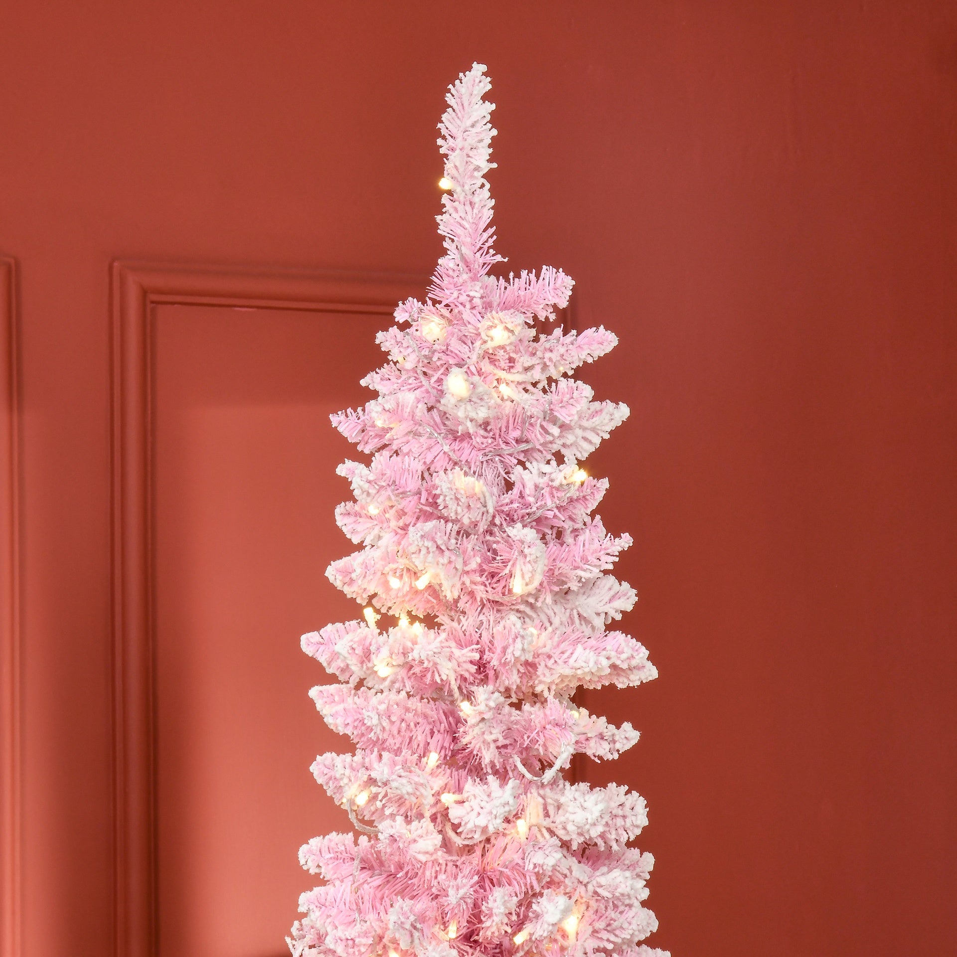 HOMCOM 7.5ft Prelit Snow Flocked Artificial Christmas Tree with Pencil Shape, Pine Realistic Branches, Warm White LED lights, Auto Open, Pink and White