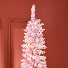 HOMCOM 7.5ft Prelit Snow Flocked Artificial Christmas Tree with Pencil Shape, Pine Realistic Branches, Warm White LED lights, Auto Open, Pink and White